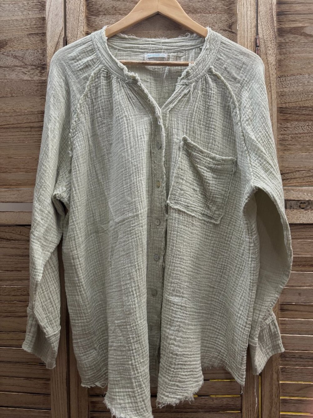 4OUR DREAMERS Cotton Gauze Frayed Button Down Shirt Top Light Green M